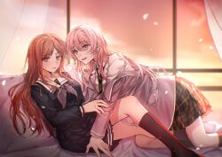 2girls absurdres bang_dream! bang_dream!_it&#039;s_mygo!!!!! bed blue_serafuku blue_skirt blush brown_hair chihaya_anon chinese_commentary commentary_request green_skirt grey_jacket grey_neckerchief hair_between_eyes haneoka_school_uniform highres jacket kneehighs long_hair long_sleeves multiple_girls muonrei00 nagasaki_soyo neckerchief no_shoes off_shoulder open_mouth pink_hair pleated_skirt sailor_collar school_uniform serafuku sidelocks skirt socks sweatdrop tsukinomori_school_uniform white_sailor_collar window yuri