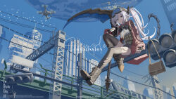 1girl absurdres artist_name asymmetrical_legwear bag black_thighhighs blue_eyes blue_sky boots breasts brown_bag building bulletproof_vest commission drone english_text goggles goggles_on_head handbag highres holding holding_scythe jacket long_hair long_sleeves looking_at_viewer on_railing open_clothes open_jacket original outdoors qr_code railing red_jacket sample_watermark scythe shirt sitting sky skyscraper small_breasts solo susukawa_(susucawa) tail thighhighs thighs torn_clothes torn_thighhighs traffic_light train twintails watermark white_hair white_shirt