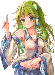 1girl absurdres armpits bare_shoulders blue_skirt breasts cleavage collarbone collared_shirt detached_sleeves dot_nose frog_hair_ornament green_eyes green_hair hair_ornament hair_tubes highres ikazuchi_akira index_finger_raised kochiya_sanae light_blush long_hair long_sleeves looking_at_viewer medium_breasts midriff open_mouth patterned_clothing pointing pointing_up print_skirt shirt simple_background single_hair_tube single_sidelock skirt skirt_set sleeveless sleeveless_shirt snake_hair_ornament solo touhou upper_body white_background wide_sleeves wing_collar