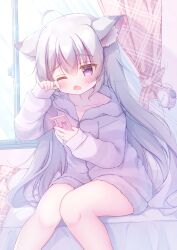 1girl alarm_clock animal_ears bed cat_ears cat_girl cellphone clock curtains fluffy_clothes hanasakichu highres indie_virtual_youtuber long_hair long_sleeves loungewear multicolored_hair nekoyama_mia_(vtuber) no_pants on_bed one_eye_closed phone pink_hair purple_eyes rubbing_eyes sitting sleepy smartphone streaked_hair very_long_hair virtual_youtuber waking_up white_hair window