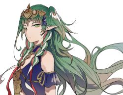1girl blue_dress bow chocolate_(jitong) dress fire_emblem fire_emblem:_three_houses green_eyes green_hair jewelry long_hair necklace nintendo pointy_ears solo sothis_(fire_emblem)