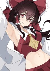 1girl absurdres armpits ascot bow breasts brown_hair closed_mouth commentary crop_top hair_between_eyes hair_bow hair_tubes hakurei_reimu highres large_bow long_hair looking_at_viewer medium_breasts midriff navel red_bow red_eyes simple_background sleeveless smile solo tareme touhou unanooo_(fthx7532) upper_body white_background yellow_ascot