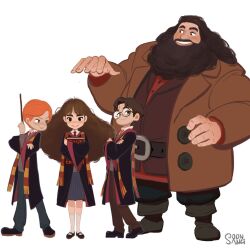 1girl 3boys beard belt black_hair brown_coat brown_hair child coat commentary facial_hair gryffindor harry_potter harry_potter_(series) hermione_granger highres hogwarts_school_uniform holding holding_wand hong_soon-sang long_hair looking_at_viewer multiple_boys orange_hair ron_weasley rubeus_hagrid scar scar_on_face scarf school_uniform short_hair simple_background size_difference skirt smile wand white_background wizarding_world