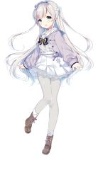 1girl :d belt blue_eyes blush brown_shoes dress full_body grey_pantyhose hair_bobbles hair_ornament hair_ribbon highres jacket leg_up long_hair long_sleeves manza_chitose official_art onsen_musume open_mouth pantyhose puffy_long_sleeves puffy_sleeves purple_jacket ribbon sailor_collar shoes sleeves_past_wrists smile solo two_side_up wasabi_(sekai) white_belt white_dress white_hair white_sailor_collar