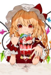 2girls :p alternate_costume ascot bad_id bad_twitter_id blonde_hair blue_hair blush bow chocolate_syrup commentary cup dress drinking_glass flandre_scarlet food fruit gotou_(nekocat) hair_between_eyes hands_up hat highres holding holding_spoon ice_cream in_container in_cup in_food leaf leaf_on_head looking_at_viewer mini_person minigirl mint mob_cap multiple_girls one_side_up open_mouth red_bow red_dress red_eyes remilia_scarlet short_hair siblings simple_background sisters spoon strawberry sundae symbol-only_commentary tongue tongue_out touhou upper_body white_background white_headwear wrist_cuffs yellow_ascot