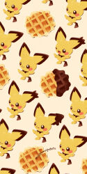 :p bright_pupils chocolate food gen_2_pokemon highres nintendo no_humans one_eye_closed open_mouth pichu pokemon pokemon_(creature) satsumapotato signature simple_background smile spiky-eared_pichu tongue tongue_out waffle white_pupils