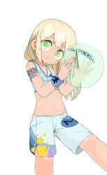 1girl absurdres alternate_costume alternate_hairstyle arm_tattoo ball beachball bikini bikini_shorts bikini_tan blonde_hair blue_bow blue_eyes blush bow capcom closed_mouth devil_may_cry_(series) flat_chest hair_bow hair_down head_tilt highres holding holding_ball kirby_(series) logo loli long_hair male_swimwear maxim_tomato mega_man_(classic) mega_man_(series) navel nintendo number_tattoo ponytail print_male_swimwear roll_(mega_man) shorts slyger_ex smile solo sonic_(series) standing standing_on_one_leg stomach swim_trunks swimsuit tan tanline tattoo underwear wristband