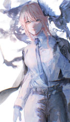 1girl absurdres belt bird braid chainsaw_man collared_shirt crow highres huge_filesize jacket jacket_on_shoulders makima_(chainsaw_man) necktie oo6 pants pink_hair ringed_eyes shirt shirt_tucked_in simple_background solo standing white_background white_shirt