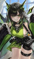 1girl :d absurdres animal_ears arknights bare_shoulders belt belt_pouch black_coat black_hair black_shorts blush breasts cat_ears coat collar collarbone dress fake_animal_ears gradient_hair green_dress green_eyes green_hair grin highres indoors large_breasts long_hair long_sleeves looking_at_viewer mon3tr_(arknights) multicolored_hair numnumhan_ningen off_shoulder open_clothes open_coat open_mouth parted_lips pouch see-through_clothes shorts sideboob sleeves_past_fingers sleeves_past_wrists smile solo stethoscope_around_neck thigh_gap thigh_strap wide_sleeves window