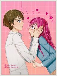 Rule 34 | 1boy, 1girl, blazer, blue eyes, blush, brown hair, brown skirt, couple, gradient background, hands on another&#039;s arms, hands on another&#039;s face, heart, hetero, highres, jacket, kibou no chikara otona precure &#039;23, kokoda kouji, long hair, looking at another, pink eyes, pink hair, precure, renz amami, school uniform, skirt, smile, sparkle, twitter username, two side up, white jacket, yumehara nozomi