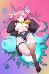 1girl animal_ear_fluff animal_ears bad_source black_thighhighs blush bow bowtie closed_mouth crop_top denim fox_ears fox_girl frilled_shorts frills full_body gradient_background gradient_hair hair_between_eyes hair_bow hair_ornament hairclip highres indie_virtual_youtuber jeans long_bangs long_hair long_sleeves looking_at_viewer lying multicolored_hair navel official_art on_back pants pink_hair purple_eyes shirt shoes short_shorts shorts sidelocks simple_background sleeves_past_fingers sleeves_past_wrists smile sneakers solo teletha_(vtuber) thigh_strap thighhighs very_long_hair virtual_youtuber white_shirt yellow_bow yellow_bowtie