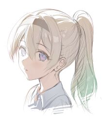 1girl devl_ga_aru firefly_(honkai:_star_rail) from_side green_hair highres looking_at_viewer ponytail shirt simple_background solo white_background white_shirt