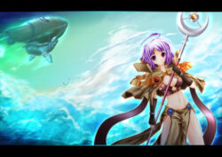 1girl ahoge aircraft airship bad_id breasts brown_capelet brown_gloves capelet cleavage cloud dragon fantasy fingerless_gloves gloves gradient_sky groin hand_up holding holding_staff letterboxed light_rays loincloth medium_breasts navel pink_eyes purple_hair ragnarok_online sage_(ragnarok_online) short_hair sima_(yggdrasil) sky staff standing star_(sky)