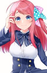 Rule 34 | 1girl, ahoge, arm up, blue bow, blue bowtie, blue eyes, blush, bow, bowtie, breasts, closed mouth, hair ribbon, hand in own hair, highres, long sleeves, looking at viewer, medium breasts, minamoto sakura, pink hair, polka dot, polka dot ribbon, red hair, ribbon, school uniform, simple background, smile, solo, strelitz, upper body, white background, zombie land saga