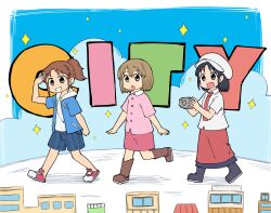 3girls :o ayumu_niikura black_hair black_shoes blonde_hair blue_eyes blue_hoodie blue_shorts boots brown_boots brown_eyes buttons camera city_(arawi_keiichi) collared_shirt commentary copyright_name english_commentary hat highres holding holding_camera hood hood_down hoodie izumi_wako leg_up medium_hair multiple_girls nagumo_midori necktie open_clothes open_hoodie open_mouth pink_shirt pink_skirt ponytail red_necktie red_shoes red_skirt salute shinkai_kokoa shirt shoes short_hair shorts sidelocks skirt smile sparkle teeth walking white_hat white_shirt yellow_eyes