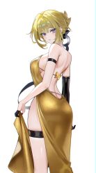 Rule 34 | 1girl, absurdres, alternate costume, armband, ass, asymmetrical gloves, backless dress, backless outfit, bare back, bare shoulders, black armband, black gloves, blonde hair, commentary request, dress, evelyn chevalier, from behind, gloves, gold dress, hair between eyes, highres, korean commentary, looking at viewer, looking back, parted lips, purple eyes, simple background, solo, strapless, strapless dress, thaba, thigh strap, uneven gloves, white background, zenless zone zero