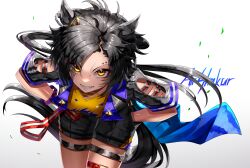 Rule 34 | 1girl, air shakur (umamusume), amekudaki, animal ears, bent over, black hair, character name, dutch angle, ear chain, ear ornament, eyebrow piercing, eyes visible through hair, face piercing, floating hair, grin, hands in pockets, highres, horse ears, horse girl, horse tail, jacket, linked piercing, long hair, looking at viewer, piercing, sharp teeth, shirt, short sleeves, shorts, simple background, smile, solo, tail, teeth, tomboy, umamusume, v-shaped eyebrows, very long hair, white background, yellow eyes