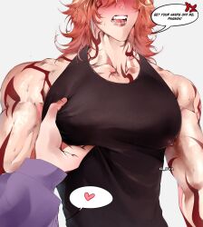 2boys anger_vein arm_tattoo artist_name black_tank_top blush chest_tattoo collarbone compression_shirt covered_erect_nipples english_text facial_tattoo g_0va hand_on_another&#039;s_chest heart highres honkai:_star_rail honkai_(series) large_pectorals male_focus medium_hair multiple_boys muscular muscular_male mydei_(honkai:_star_rail) neck_tattoo open_mouth orange_hair out_of_frame pectoral_grab pectorals phainon_(honkai:_star_rail) red_hair red_tattoo simple_background speech_bubble spoken_anger_vein spoken_heart sweat tank_top tattoo teeth tongue upper_body white_background yaoi