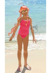 1girl absurdres ahoge alternate_costume beach competition_school_swimsuit double_bun full_body glasses hair_bun highres kantai_collection long_hair makigumo_(kancolle) ocean ojipon one-piece_swimsuit pink_hair pink_one-piece_swimsuit sandals school_swimsuit smile solo standing swimsuit twintails water watermark waves yellow_eyes
