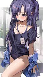 1girl black_buruma black_shirt blue_archive blue_eyes blue_jacket blush breasts buruma cleavage collarbone gym_shirt highres jacket lanyard long_hair medium_breasts official_alternate_costume purple_hair saya_(mychristian2) shirt short_sleeves solo sweat thighs track_jacket yuuka_(blue_archive) yuuka_(track)_(blue_archive)