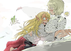 2girls ? blonde_hair blush chimera claws dungeon_meshi elf falin_touden falin_touden_(chimera) feathers marcille_donato monster_girl multiple_girls pointy_ears ruki32_32 short_hair yuri
