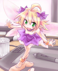 1girl ahoge anklet barefoot blonde_hair bracelet collar computer cotton_swab drawing_tablet fairy female_focus flat_chest green_eyes hair_ribbon jewelry kobayashi_tetsuya mini_person minigirl open_mouth pointy_ears ribbon smile solo wacom wings