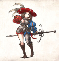 1girl armor blue_eyes boobplate boots breastplate brown_boots brown_hair closed_mouth codpiece greaves hat highres holding holding_sword holding_weapon ironlily katzbalger landsknecht landsknecht_(ironlily) long_sleeves original puffy_long_sleeves puffy_sleeves single_greave smile solo sword weapon