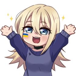1girl arms_up black_choker blonde_hair blush choker facepaint fang hair_between_eyes happy henna_(hentaiukr) hentaiukr korzynka_persykiv long_hair non-web_source off_shoulder open_mouth own_hands_clasped own_hands_together purple_sweater solo star_(symbol) sticker sweater teeth tongue transparent_background ukrainian_flag upper_teeth_only