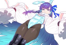 1girl absurdres animal_ears blue_eyes blue_leotard blue_ribbon blush breasts brown_pantyhose cropped_jacket ebora fake_animal_ears fate/grand_order fate_(series) hair_ribbon highleg highleg_leotard highres jacket leotard long_hair long_sleeves looking_at_viewer meltryllis_(fate) non-web_source pantyhose playboy_bunny purple_hair rabbit_ears ribbon shrug_(clothing) small_breasts smile solo thighs white_jacket