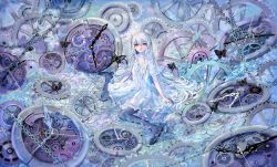 1girl abstract_background bug butterfly chain dress female_focus gears insect long_hair looking_at_viewer original petals red_eyes sitting solo sonidoriy wariza white_dress white_hair