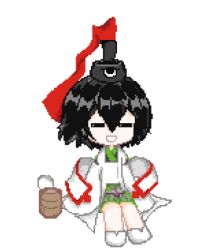 1other androgynous animated animated_gif bare_legs black_hair black_hat black_kimono chibi chinese_commentary closed_eyes commentary_request cup detached_sleeves eye_of_senri full_body green_hakama hair_between_eyes hakama hakama_short_skirt hakama_skirt happy hat hat_ribbon japanese_clothes jinbei_(clothes) kariginu kicking kimono layered_sleeves len&#039;en long_sleeves looping_animation ofuda ofuda_on_clothes open_mouth other_focus pixel_art red_ribbon ribbon senri_tsurubami short_hair short_kimono simple_background sitting skirt sleeves_past_fingers sleeves_past_wrists smile socks solo squeans steam tate_eboshi white_background white_sleeves white_socks wide_sleeves yunomi zhaozhaozhaozhaozhao083