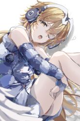 Rule 34 | 1girl, absurdres, blonde hair, coat, commentary, fate/grand order, fate (series), fur-trimmed coat, fur trim, headphones, highres, jeanne d&#039;arc (fate), metatron jeanne (fate), metatron jeanne (second ascension) (fate), nightgown, official alternate costume, one eye closed, open mouth, simple background, sleepwear, sleepy, solo, squeans, thighs, ushiroayu, watermark, white background, yawning