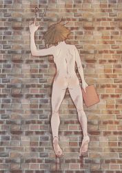 1girl ass back backboob barefoot blood breasts brick_floor brown_hair completely_nude dimples_of_venus dirty dirty_feet feet female_focus from_above full_body gundam gundam_tekketsu_no_orphans highres lying meme nude on_ground on_stomach orga_itsuka original running_bond shimokori soles solo toes translation_request