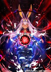1girl ancient_egyptian ancient_egyptian_clothes animal_ears ankh ankh_necklace antenna_hair armor bandages black_bandages breasts build_divide colored_inner_hair dark-skinned_female dark_skin earrings facepaint facial_mark facing_viewer fate/grand_order fate_(series) fire floating floating_object glowing_skin hairband hoop_earrings jackal_ears jewelry long_hair looking_at_viewer low-tied_long_hair medium_breasts multicolored_hair nitocris_(fate) nitocris_alter_(fate) nitocris_alter_(first_ascension)_(fate) official_art orb pauldrons red_fire rioka_(southern_blue_sky) shoulder_armor sidelocks solo two-tone_headband usekh_collar very_long_hair white_fire white_hair yellow_eyes