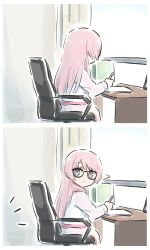 1girl bang_dream! bang_dream!_it&#039;s_mygo!!!!! chair chihaya_anon commentary desk glasses highres holding holding_pencil jacket long_hair lyy pencil pink_hair turning_head white_jacket