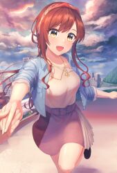 1boy 1girl :d black_shoes blue_jacket blush breasts brown_skirt cloud collarbone collared_jacket foot_out_of_frame hairband highres holding_hands idolmaster idolmaster_shiny_colors jacket jewelry kurageso leg_up long_hair long_sidelocks medium_breasts miniskirt necklace open_clothes open_jacket open_mouth osaki_amana outdoors plaid_hairband shoes sidelocks single_off_shoulder skirt smile taking_another&#039;s_hand triangle_necklace very_long_hair white_hairband yellow_eyes