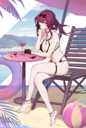 1girl absurdres alternate_costume ball bare_arms bare_legs bare_shoulders barefoot barefoot_sandals_(jewelry) beach_chair beach_umbrella beachball bikini black_bikini black_gloves breasts cherry cleavage closed_mouth collarbone commentary_request credit_card crossed_legs cup drinking_glass eyewear_on_head feet food fruit full_body glasses gloves half_gloves halterneck hand_on_own_face highres honkai:_star_rail honkai_(series) innertube jewelry kafka_(honkai:_star_rail) large_breasts legs long_hair multi-strapped_bikini_bottom nail_polish navel outdoors paid_reward_available pince-nez pink_petals ponytail purple_eyes purple_hair purple_nails round_eyewear sand shore side-tie_bikini_bottom sitting smile solo stomach sunglasses swim_ring swimsuit table thighlet thighs toenail_polish toenails toes umbrella variant_set yunkaiming