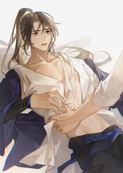 2boys black_pants blue_hanfu brown_eyes brown_hair cheng_qian chinese_clothes chinese_commentary chromatic_aberration collarbone cowboy_shot hair_ribbon hanfu high_ponytail highres liu_yao long_hair long_sleeves looking_ahead looking_at_another lying male_focus mingtiantian multiple_boys on_back open_clothes out_of_frame pants parted_lips pectoral_cleavage pectorals ponytail ribbon undressing_another white_ribbon yan_zhengming yaoi