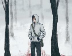 1boy :| bag bare_tree black_eyes black_gloves black_hair blood blood_stain canvas_texture closed_mouth cowboy_shot cry_of_fear explosivepuddin fog forest gloves hands_in_pockets highres hood hood_up hoodie limited_palette looking_at_viewer male_focus muted_color nature one_eye_covered shoulder_bag simon_henriksson solo tree white_hoodie winter