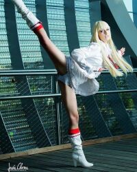 Rule 34 | 1girl, blonde hair, boots, cosplay, emilie de rochefort, emilie de rochefort (cosplay), fingerless gloves, gloves, ivychann, kicking, long hair, long sleeves, panties, photo (medium), real life, solo, spanish (nationality), standing, standing on one leg, tekken, underwear