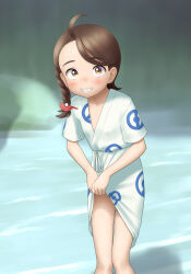 1girl absurdres blush braid brown_eyes brown_hair clothes_lift feet_out_of_frame female_focus grin hair_ornament highres japanese_clothes juliana_(pokemon) kimono kimono_lift lifting_own_clothes looking_at_viewer nintendo pokemon pokemon_sv sc_naru short_hair short_sleeves single_braid smile solo standing swept_bangs teeth thighs white_kimono