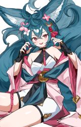 1girl absurdres animal_ears bare_shoulders black_gloves blush choker commentary_request erune fingerless_gloves fingernails flower fox_ears fox_tail gloves granblue_fantasy green_hair hair_between_eyes hair_flower hair_ornament highres japanese_clothes kimono looking_at_viewer multiple_tails nail_polish obi off_shoulder open_mouth pink_flower pink_kimono red_nails sash sharp_fingernails shiro_wa_(shiroshironix) shirt shorts simple_background sitting sleeveless sleeveless_shirt solo tail teeth thigh_strap upper_teeth_only white_background white_flower white_shorts wide_sleeves you_(granblue_fantasy)
