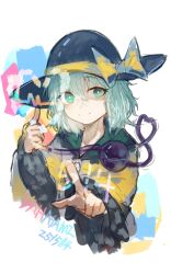 1girl absurdres artist_name black_hat blouse bow bright_pupils closed_mouth commentary contrast_collar dated frilled_sleeves frills green_eyes green_hair hair_between_eyes hat hat_bow hat_ribbon heart heart_of_string highres hua_ha_jiazi koishi_day komeiji_koishi long_sleeves looking_at_viewer medium_hair pointing pointing_at_viewer ribbon shaka_sign shirt smile solo symbol-only_commentary third_eye touhou white_background white_pupils wide_sleeves yellow_bow yellow_ribbon yellow_shirt