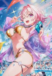 Rule 34 | 1girl, 6+others, ass, beach, bikini, blue eyes, blurry, blurry background, bouncing breasts, breasts, camera, day, gold bikini, highres, honkai: star rail, honkai (series), large breasts, march 7th (honkai: star rail), multicolored eyes, multiple others, navel, one eye closed, one leg raised, open mouth, pink eyes, pink hair, raaivault, running, smile, swimsuit, two-tone eyes, v, water, water drop