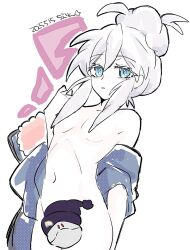 Rule 34 | 1girl, beanie, blue eyes, censored, character censor, commentary request, convenient censoring, dated, deux murasame, freckles, gundam, gundam gquuuuuux, hair censor, haro, hat, highres, long hair, mecha pilot suit, navel, novelty censor, nude, parted lips, purple hat, purple pupils, simple background, solo, stomach, updo, white background, white hair, yanada kiyorin