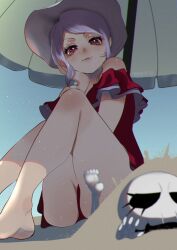1boy 1girl ainz_ooal_gown bare_legs barefoot beach_umbrella fangs hat long_hair masiro overlord_(maruyama) panties pantyshot sand shalltear_bloodfallen sitting skeleton smile swimsuit umbrella underwear