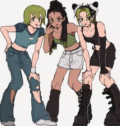 3girls :p alternate_costume black_hair boots camisole cone_hair_bun denim denim_skirt double_bun dreadlocks ermes_costello facial_mark facial_tattoo foo_fighters_(jojo) fu_r_y goth_fashion green_hair green_lips hair_bun highres jeans jojo_no_kimyou_na_bouken kuujou_jolyne lipstick makeup midriff multicolored_hair multiple_girls pants platform_boots platform_footwear punk punkish_gothic scrunchie single_hair_bun skirt spaghetti_strap stone_ocean tattoo tongue tongue_out torn_clothes torn_jeans torn_pants two-tone_hair v v_over_eye y2k_fashion