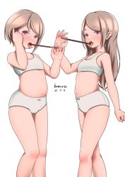 belly blonde_hair blue_bow bow bra breasts fellatio_gesture food food_in_mouth highres holding holding_food holding_pocky loli long_hair navel open_mouth original pachiki8p panties pocky pocky_in_mouth purple_eyes short_hair siblings sisters small_breasts sports_bra tongue tongue_out training_bra twins underwear white_bra white_panties white_sports_bra