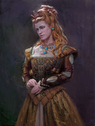 Rule 34 | 1girl, absurdres, anna henrietta, blonde hair, brown dress, crown, dress, highres, jewelry, long hair, looking to the side, mariya negoduet, necklace, painting (medium), solo, the witcher (series), the witcher 3, traditional media