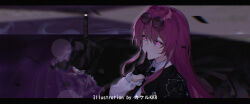 Rule 34 | 1girl, artist name, black gloves, black jacket, collared shirt, eyewear on head, finger to mouth, glasses, gloves, honkai: star rail, honkai (series), jacket, kafka (honkai: star rail), letterboxed, lighthouse, long hair, looking at viewer, missing commentary, outdoors, pince-nez, purple eyes, purple hair, round eyewear, shirt, shushing, solo, srpzk, sunglasses, white shirt
